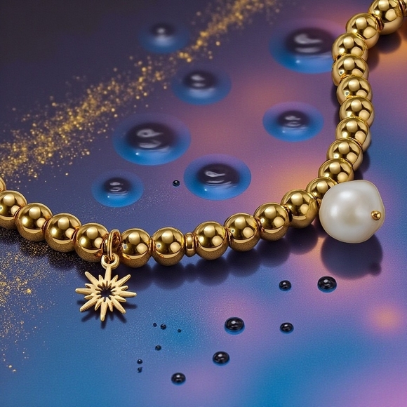 🆕️18K‎ Gold Plated Stainless Steel Beaded Bracelet with Sun & Pearl Charms ✨ - Picture 7 of 15
